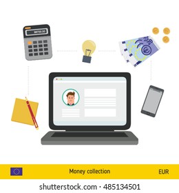 Internet and mobile banking concept. Euro banknote. Transferring Money vector illustration