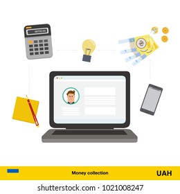 Internet and mobile banking concept.  hryvnia banknote. Transferring Money vector illustration