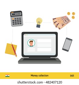 Internet and mobile banking concept. Indian Rupee banknote. Transferring Money vector illustration