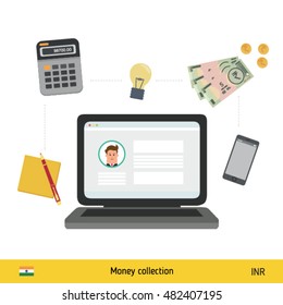 Internet and mobile banking concept. Indian Rupee banknote. Transferring Money vector illustration