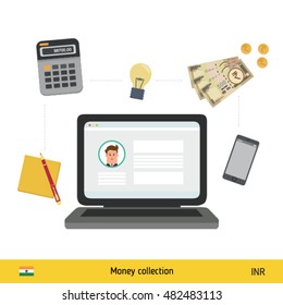 Internet And Mobile Banking Concept. Indian Rupee Banknote. Transferring Money Vector Illustration