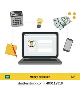 Internet and mobile banking concept. Saudi Arabian Riyal banknote. Transferring Money vector illustration