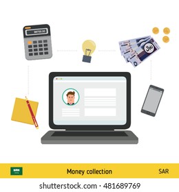 Internet and mobile banking concept. Saudi Arabian Riyal banknote. Transferring Money vector illustration