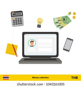 Internet and mobile banking concept. Thai baht banknote. Transferring Money vector illustration