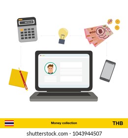 Internet and mobile banking concept. Thai baht banknote. Transferring Money vector illustration