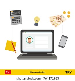 Internet and mobile banking concept. turkey lira  banknote. Transferring Money vector illustration
