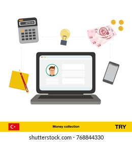 Internet and mobile banking concept. turkey lira  banknote. Transferring Money vector illustration
