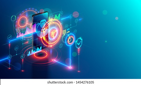 Internet mobile banking isometric concept. Online bank on phone. Safety web payment through mobile app on smartphone. Digital security financial information and protection access bank account, money.