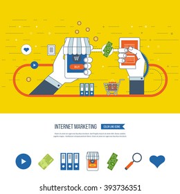 Internet and mobile marketing concept. Social network. Online shopping. Mobile marketing vector. Marketing strategy. Shopping basket. Investment business. Mobile banking. Color line icons