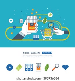 Internet and mobile marketing concept. Social network. Online shopping. Mobile marketing vector. Marketing strategy. Shopping basket. Investment business. Mobile banking. Color line icons