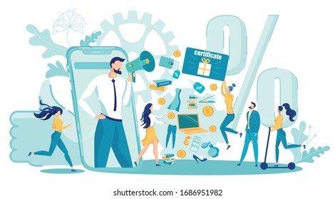 Internet Mobile Marketing and Sales Digital Advertisement. Cartoon Man with Megaphone Promoting Discounts and Certificate. Promotional Campaign. Happy Customers and Goods. Vector Flat Illustration