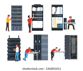 Internet modern IT technologies server racks digital information storage isolated devices and programmers data center laptops connected to database web and files games and applications cloud computing