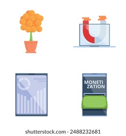 Internet monetization icons set cartoon vector. Way to make money online. Modern technology