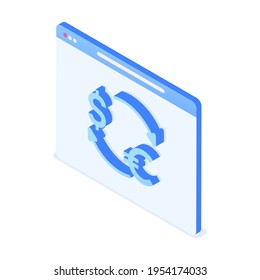Internet money exchange concept. Web page with dollar and euro currencies and exchange icon. Vector illustration in isometric style. Isolated over white background.  