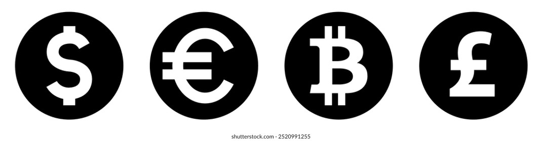 Internet money icon set. Dollar, Euro, Pound, Bitcoin. Different currencies. Popular currencies. Internet flat icon symbol for applications. Vector illustration