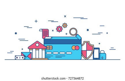 Internet money, secure payment transaction, payment mechanism. Fintech (financial technology) background. Colorful flat style illustration.