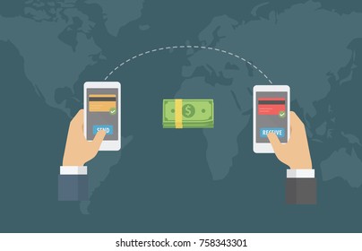 Internet Money Transfer Around The World Illustration. People send money to another with smart phone