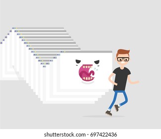 Internet monster. Hacker attack. Huge worm made of a cascade of browser windows chasing a character / flat editable vector illustration, clip art