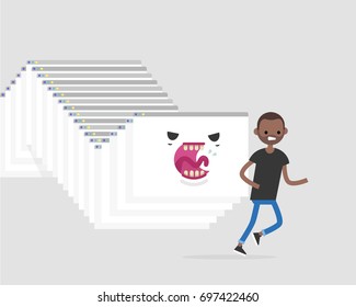Internet monster. Hacker attack. Huge worm made of a cascade of browser windows chasing a character / flat editable vector illustration, clip art
