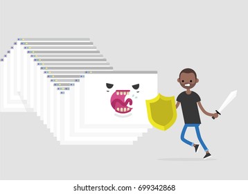 Internet monster. Hacker attack. Huge worm made of a cascade of browser windows attacking a character. Human vs computer / flat editable vector illustration, clip art