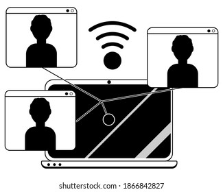 Internet Multi Call, Zoom Conference, Online Lesson, Work Live Stream. Silhouette Icon Of Remote Network, Education, Brainstorming, Meeting. Chat Application. Laptop Screen, Wi-fi Sign, People. Black