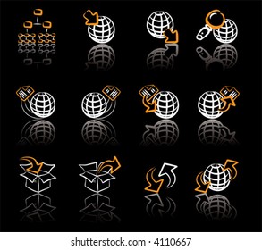 Internet & Navigation 1 White & Orange icon set on black background