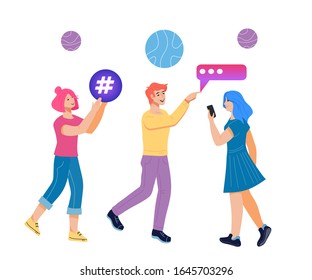 Internet network communication and social media chat concept with people characters chatting and messaging. Web technology for online marketing and connection. Flat vector illustration isolated.