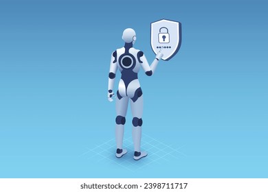 Red de Internet y seguridad informática, robot AI bloqueando la contraseña de seguridad para evitar el acceso no autorizado, concepto de sistema de protección de servidores en línea con tecnología de inteligencia artificial, isométrico