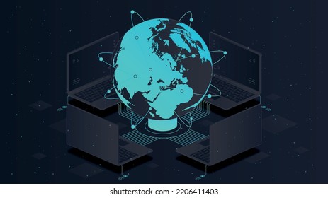 Internet network concept. Laptops near digital hologram. Symbol of contactless connection and exchange of information. Internet and online synchronization. Cartoon isometric vector illustration
