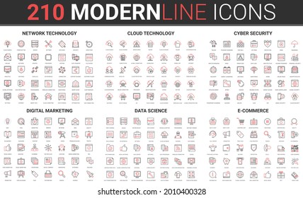 Internet network connection cloud technology, cyber security, digital marketing thin red black line icon vector illustration set. Data science storage information, online commerce, shopping collection