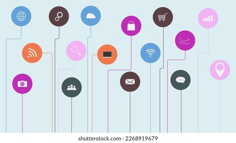 Internetnetzverbindung mit dem Konzept der sozialen Medienkommunikation. Vektorgrafik.