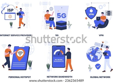 Internet network illustration collection set. Internet service provider, 5g network, virtual private network, network bandwidth, public netwok, personal hotspot. Flat design illustration