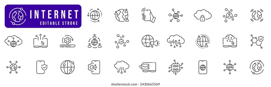 Internet and network line icon set. Globe, users, connection, cloud, acces, security etc. Editable stroke