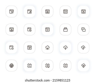 Los iconos de Internet y de la línea de red están configurados. Buscar, vínculo, código, correo electrónico, bloqueo, datos, aceptar, actualizar, nube. Pictogramas de contorno vectorial para web y ui, ux diseño de aplicaciones móviles. Stroke editable. 24x24 Pixel Perfecto.