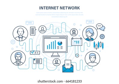 Red de Internet, personas y redes sociales, protección de datos, comunicación, diálogo, servicios en la nube. Ilustración de diseño de línea delgada de los doodles vectoriales