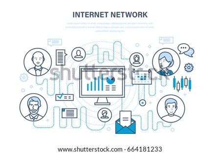 Internet network, people and social network, data protection, communication, dialogue, cloud services. Illustration thin line design of vector doodles