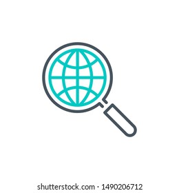 Internet network planet with magnifier glass outline flat icon. Single quality outline logo search symbol for web design mobile app. Thin line design logo sign. Loupe lens icon isolated on white