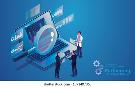 Internet network search technology, business people use the magnifying glass to search on laptops, Data analytics for marketing solutions, or financial performance. statistics concept.design isometric
