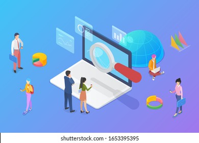 Internet Network Search technology Isometric flat vector illustration. People searching with magnifier glass on Notebook