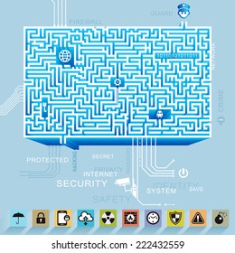 Fondo del mapa de iconos de protección y seguridad de la red de Internet.