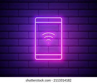 Símbolo de red de Internet e icono de teléfono Neon Light GIGHT Illustration Design Color rosado. Aislado en una pared de ladrillo.