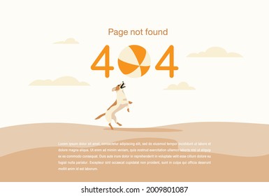 Internet network warning 404 Error Page or File not found for web page. Internet  error page or issue not found on network. 404 error present by dog playing ball