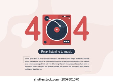 Internet network warning 404 Error Page or File not found for web page. Internet  error page or issue not found on network. 404 error present by record player