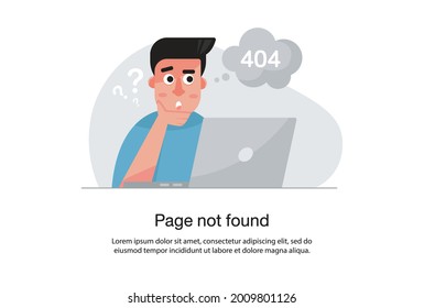 Internet network warning 404 Error Page or File not found for web page. Internet  error page or issue not found on network. 404 error present by confused person