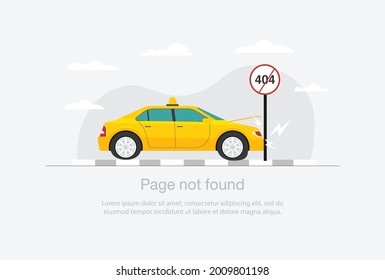 Internet network warning 404 Error Page or File not found for web page. Internet  error page or issue not found on network. 404 error present by car crash.