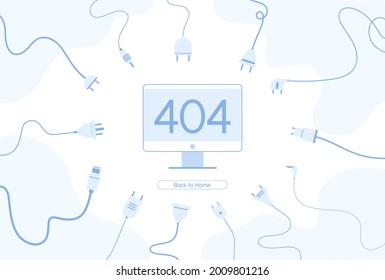 Internet network warning 404 Error Page or File not found for web page. Internet  error page or issue not found on network. 404 error present by many wire non plug.
