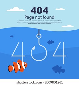 Internet network warning 404 Error Page or File not found for web page. Internet  error page or issue not found on network. 404 error present by fishing rod