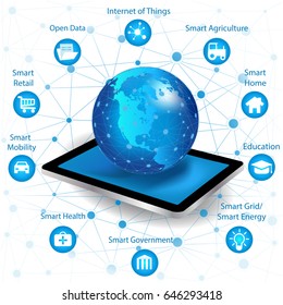 Internet networking concept and Cloud computing technology. Laptop with Smart city in background  with different icon and elements.Internet of Things/Smart city