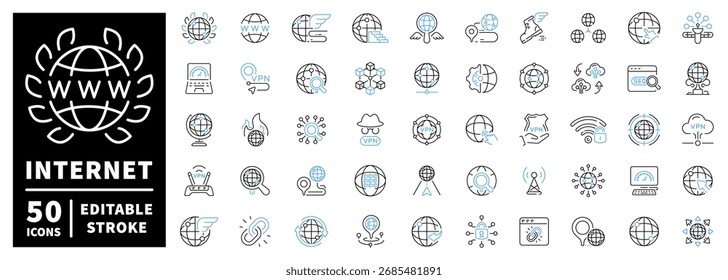 Internet and networking outline icons set – linear, web, digital connectivity symbols