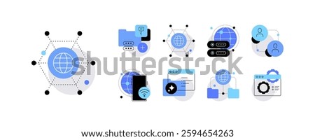 Internet and networking. Set of flat icons, doodles. High tech processes. Flat graphics. Vector file.